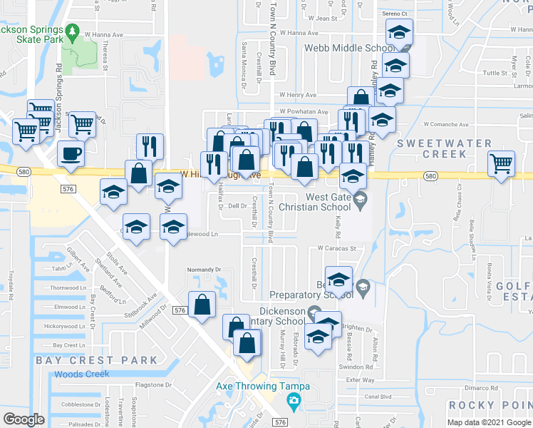 map of restaurants, bars, coffee shops, grocery stores, and more near 5110 Town N Country Boulevard in Tampa