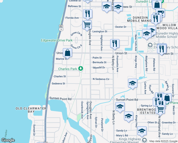 map of restaurants, bars, coffee shops, grocery stores, and more near 2014 Douglas Avenue in Clearwater