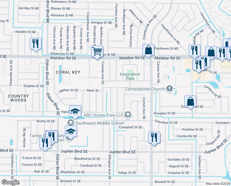 map of restaurants, bars, coffee shops, grocery stores, and more near 228 Charlotta Avenue Southeast in Palm Bay