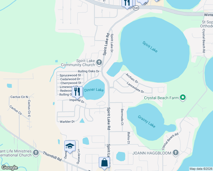 map of restaurants, bars, coffee shops, grocery stores, and more near 3145 Spirit Lake Road in Winter Haven
