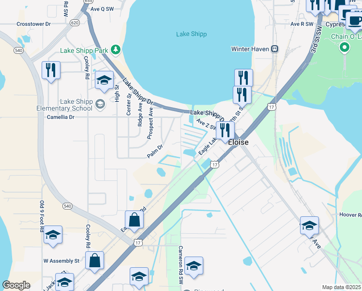 map of restaurants, bars, coffee shops, grocery stores, and more near 2030 15th Street Southwest in Winter Haven