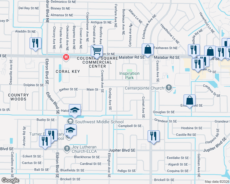 map of restaurants, bars, coffee shops, grocery stores, and more near 228 Charlotta Avenue Southeast in Palm Bay