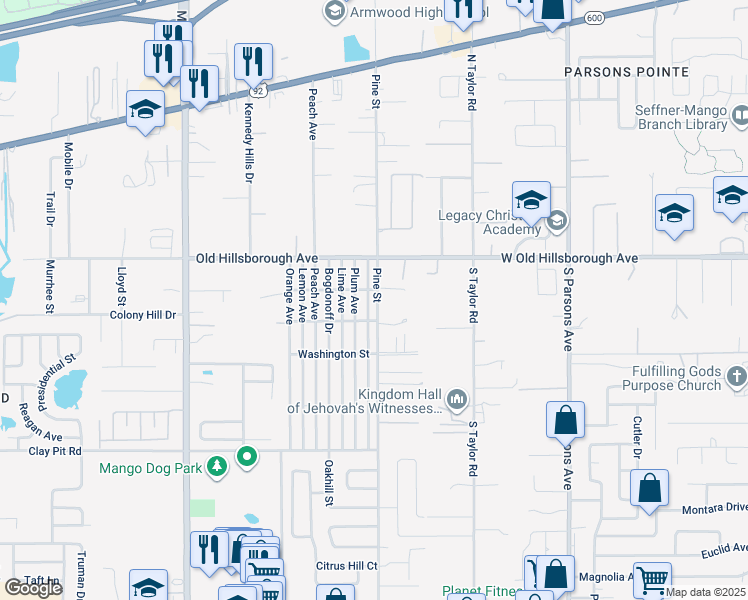 map of restaurants, bars, coffee shops, grocery stores, and more near 5320 Pine Street in Seffner