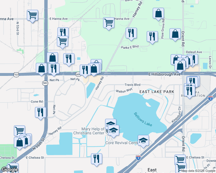 map of restaurants, bars, coffee shops, grocery stores, and more near 6219 Travis Boulevard in Tampa
