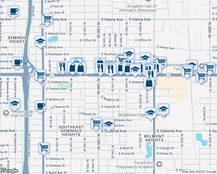 map of restaurants, bars, coffee shops, grocery stores, and more near 1518 East Frierson Avenue in Tampa