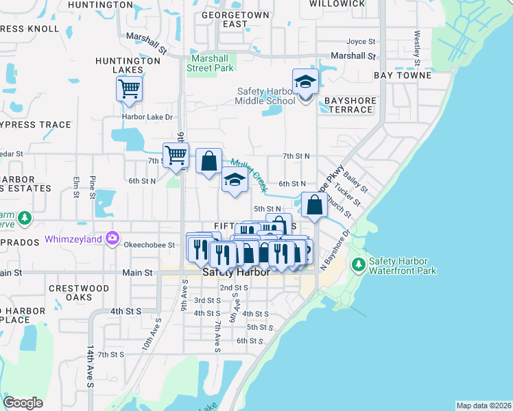 map of restaurants, bars, coffee shops, grocery stores, and more near 427 5th Street North in Safety Harbor