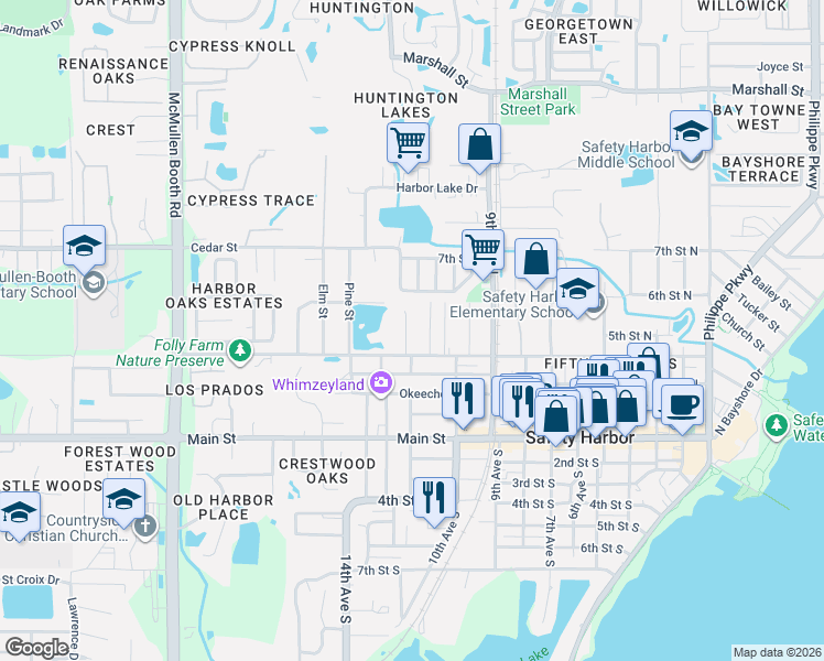 map of restaurants, bars, coffee shops, grocery stores, and more near 912 Woodbridge Court in Safety Harbor