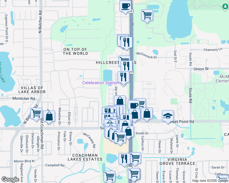 map of restaurants, bars, coffee shops, grocery stores, and more near 2522 White Sand Lane in Clearwater