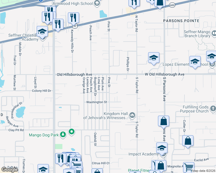 map of restaurants, bars, coffee shops, grocery stores, and more near 5320 Pine Street in Seffner