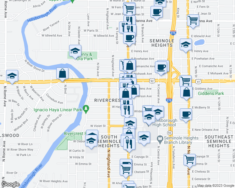 map of restaurants, bars, coffee shops, grocery stores, and more near 5198 North Tampa Street in Tampa
