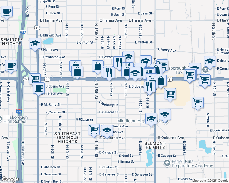 map of restaurants, bars, coffee shops, grocery stores, and more near 1712 East Frierson Avenue in Tampa