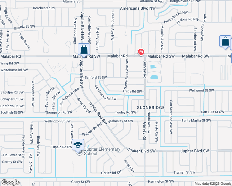 map of restaurants, bars, coffee shops, grocery stores, and more near 268 Trilby Road Southwest in Palm Bay