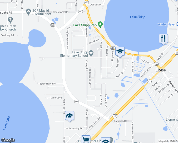 map of restaurants, bars, coffee shops, grocery stores, and more near 329 Saint Georges Circle in Eagle Lake