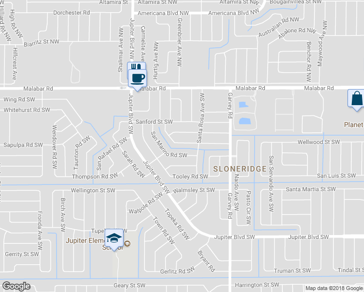 map of restaurants, bars, coffee shops, grocery stores, and more near 268 Trilby Road Southwest in Palm Bay