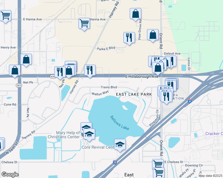 map of restaurants, bars, coffee shops, grocery stores, and more near 6601 Travis Boulevard in Tampa