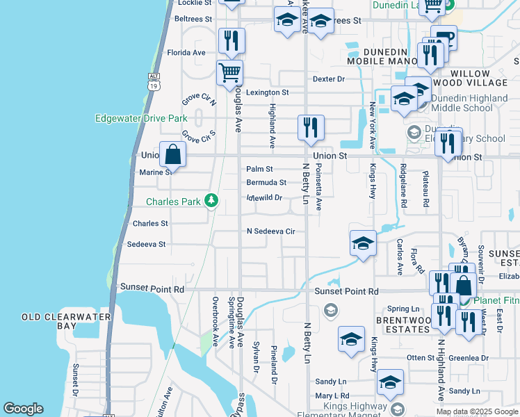 map of restaurants, bars, coffee shops, grocery stores, and more near 2017 Oakdale Way in Clearwater