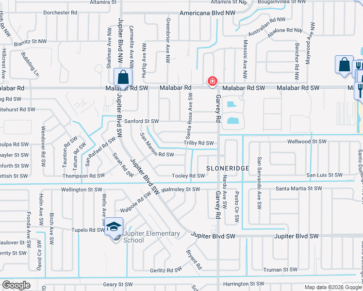 map of restaurants, bars, coffee shops, grocery stores, and more near 318 Trilby Road Southwest in Palm Bay