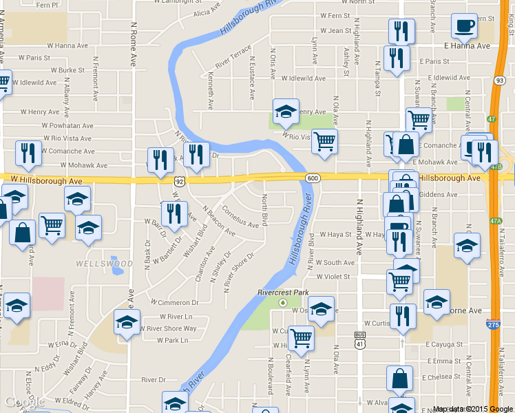 map of restaurants, bars, coffee shops, grocery stores, and more near 903 West Candlewood Avenue in Tampa