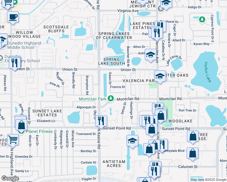 map of restaurants, bars, coffee shops, grocery stores, and more near 1838 Dawn Drive in Clearwater