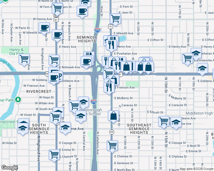 map of restaurants, bars, coffee shops, grocery stores, and more near 812 East Frierson Avenue in Tampa