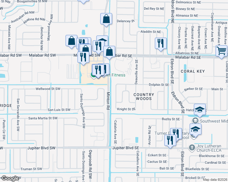 map of restaurants, bars, coffee shops, grocery stores, and more near 240 Christensen Avenue Southeast in Palm Bay