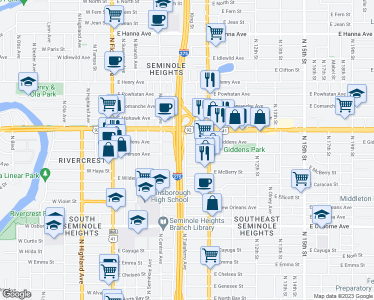 map of restaurants, bars, coffee shops, grocery stores, and more near 800 East Frierson Avenue in Tampa