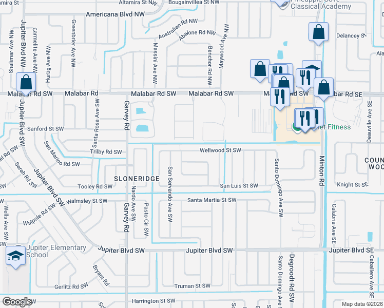 map of restaurants, bars, coffee shops, grocery stores, and more near 223 Tipton Road Southwest in Palm Bay