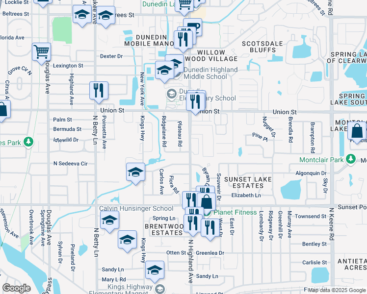 map of restaurants, bars, coffee shops, grocery stores, and more near 2017 Plateau Road in Clearwater