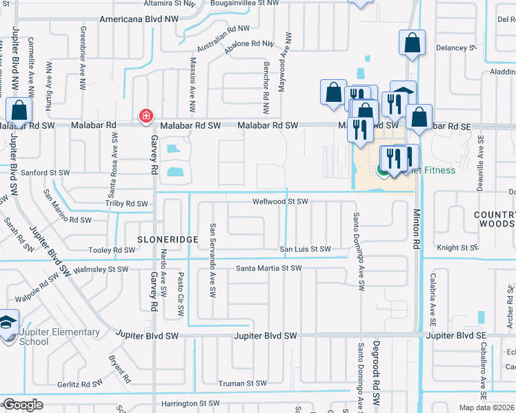 map of restaurants, bars, coffee shops, grocery stores, and more near 450 Wellwood Street Southwest in Palm Bay