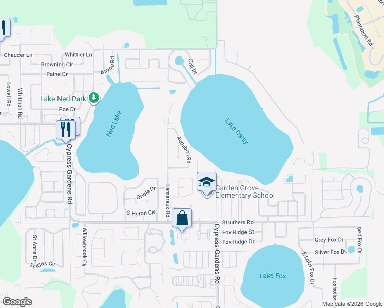 map of restaurants, bars, coffee shops, grocery stores, and more near 123 Audubon Rd in Winter Haven
