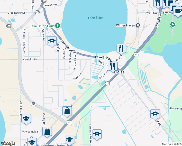 map of restaurants, bars, coffee shops, grocery stores, and more near 2032 15th Street Southwest in Winter Haven