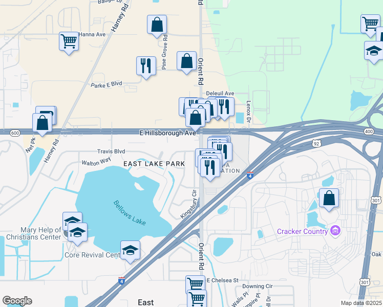 map of restaurants, bars, coffee shops, grocery stores, and more near 7005 Thrasher Dr in Tampa