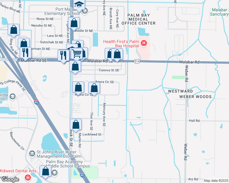 map of restaurants, bars, coffee shops, grocery stores, and more near 1899 Agora Circle Southeast in Palm Bay