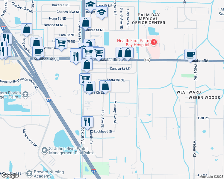 map of restaurants, bars, coffee shops, grocery stores, and more near 1843 Agora Circle Southeast in Palm Bay