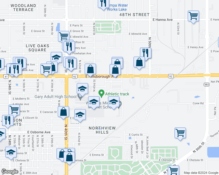 map of restaurants, bars, coffee shops, grocery stores, and more near 5127 North 44th Street in Tampa