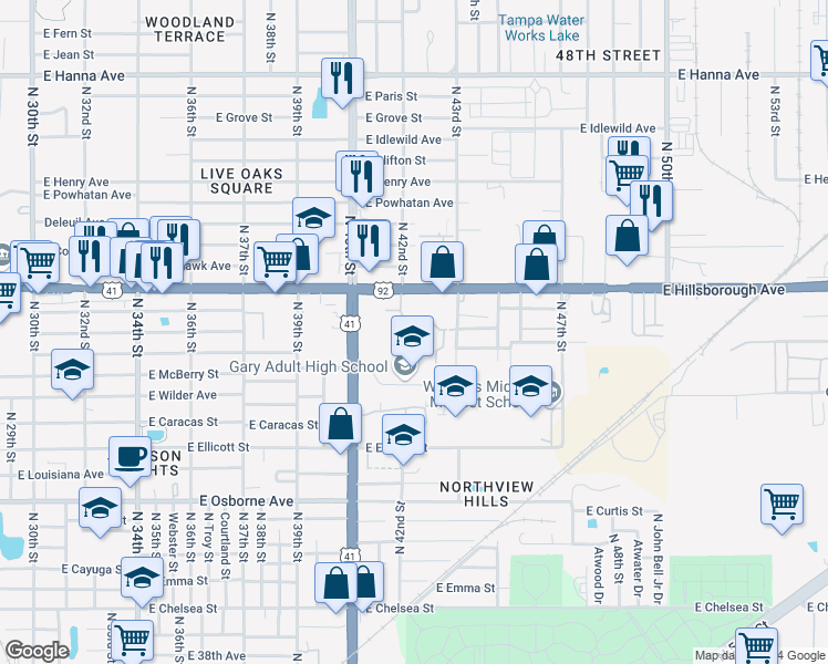 map of restaurants, bars, coffee shops, grocery stores, and more near 4121 Royal Banyan Drive in Tampa