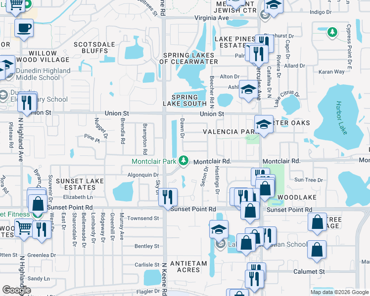 map of restaurants, bars, coffee shops, grocery stores, and more near 1838 Dawn Drive in Clearwater