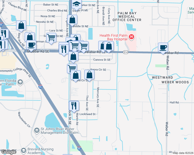 map of restaurants, bars, coffee shops, grocery stores, and more near 1843 Agora Circle Southeast in Palm Bay