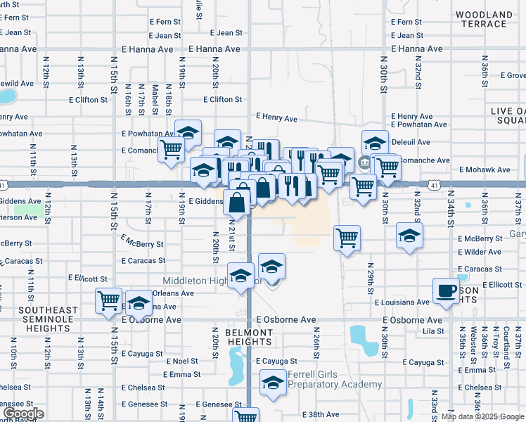map of restaurants, bars, coffee shops, grocery stores, and more near 2231 East Hillsborough Avenue in Tampa