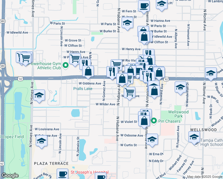map of restaurants, bars, coffee shops, grocery stores, and more near 2910 West Frierson Avenue in Tampa