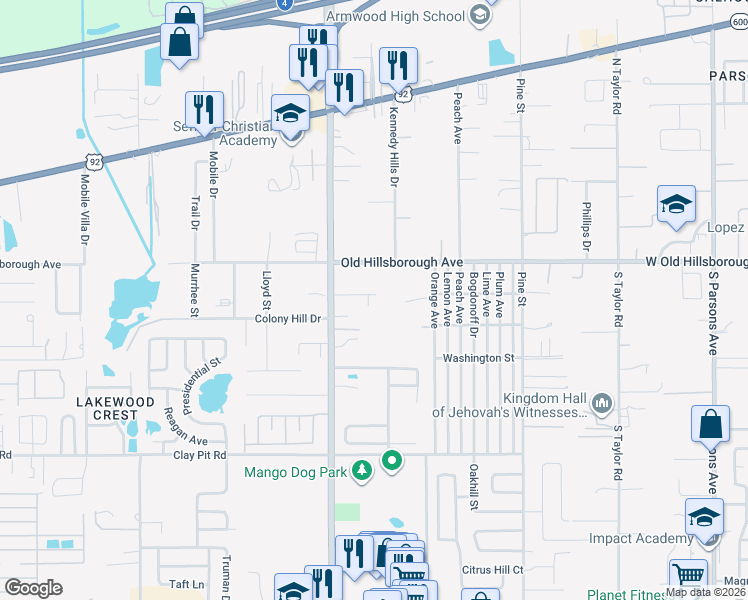 map of restaurants, bars, coffee shops, grocery stores, and more near 5343 County Road 579 in Seffner