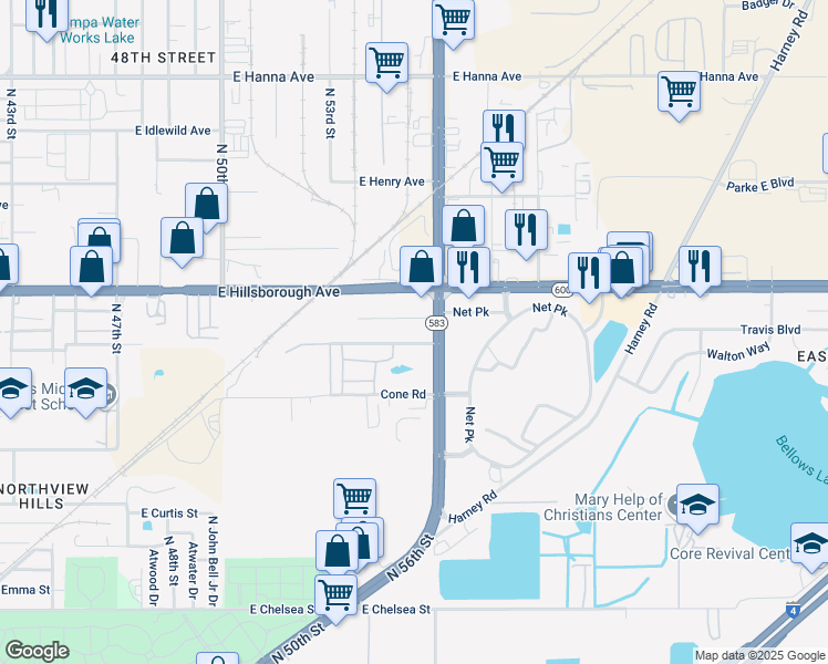 map of restaurants, bars, coffee shops, grocery stores, and more near 5514 Shadowlawn Avenue in Tampa