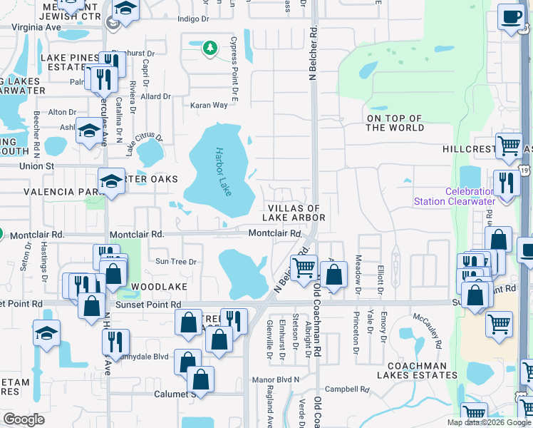 map of restaurants, bars, coffee shops, grocery stores, and more near 2020 Lakeview Drive in Clearwater