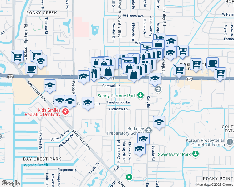 map of restaurants, bars, coffee shops, grocery stores, and more near 5110 Town N Country Boulevard in Tampa