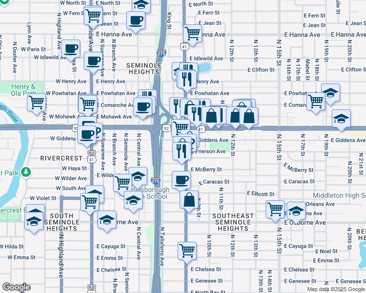 map of restaurants, bars, coffee shops, grocery stores, and more near 5210 North Nebraska Avenue in Tampa