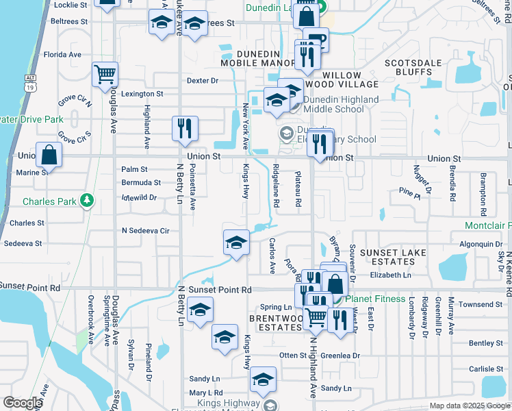 map of restaurants, bars, coffee shops, grocery stores, and more near 2018 Alpine Road in Clearwater