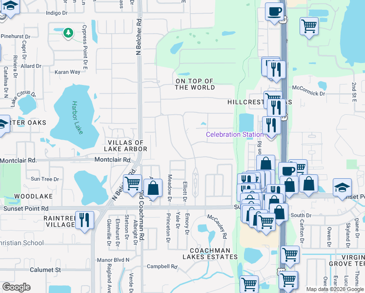 map of restaurants, bars, coffee shops, grocery stores, and more near 2021 Australia Way West in Clearwater