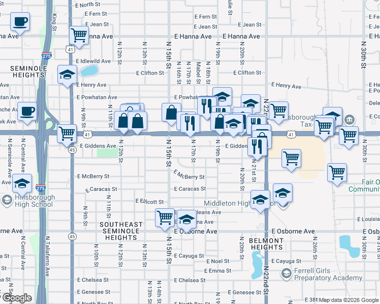 map of restaurants, bars, coffee shops, grocery stores, and more near 1518 East Frierson Avenue in Tampa