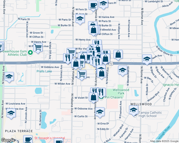 map of restaurants, bars, coffee shops, grocery stores, and more near 2517 Siesta Court in Tampa