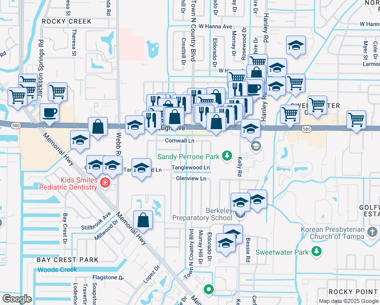 map of restaurants, bars, coffee shops, grocery stores, and more near 5110 Town N Country Boulevard in Tampa
